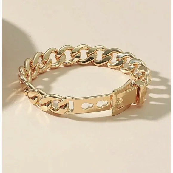 NEW Gold Tone Buckle Bracelet Chunky Chain Link Heavyweight 7” - 8” - Picture 2 of 4